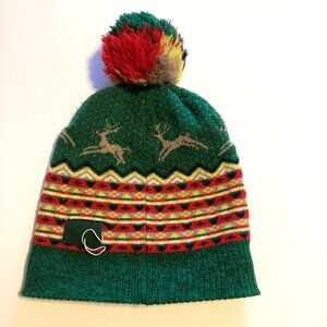 American Eagle Reindeer Holiday Christmas Green Winter Ski Knit Hat Pom Pom
